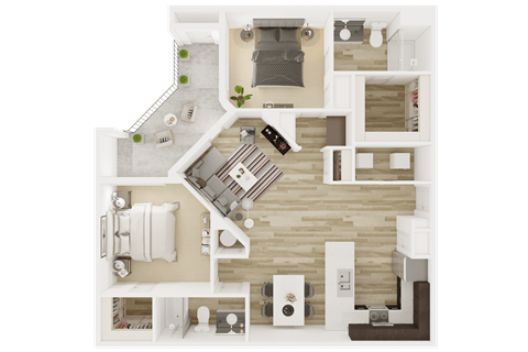 Floor plan for 2 beds, 2 baths, 1164 sqft